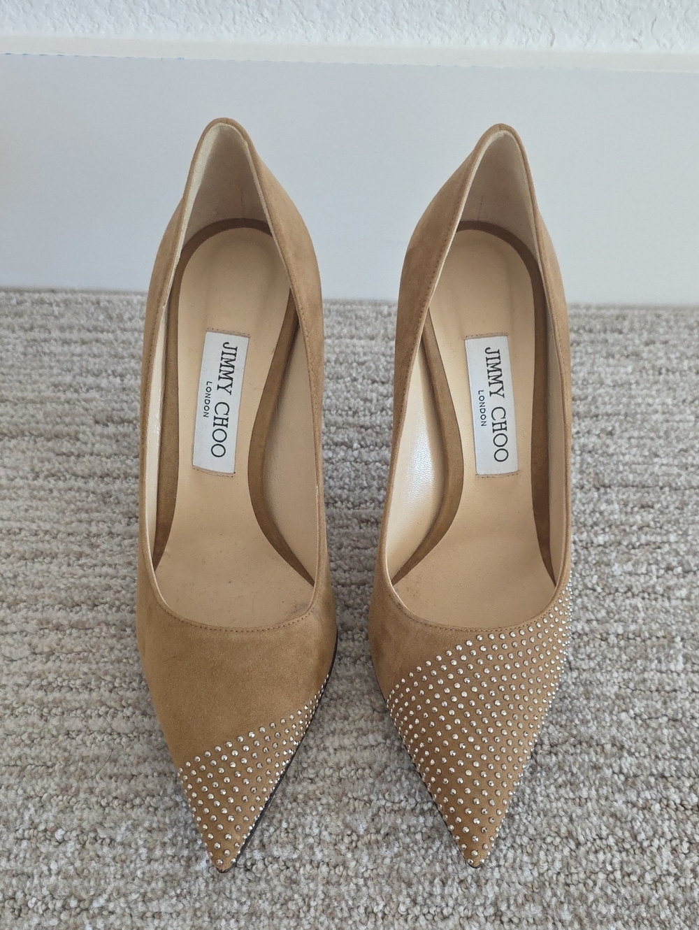 Jimmy Choo Tan Suede Pointed Pumps with Crystal Stud Detailing